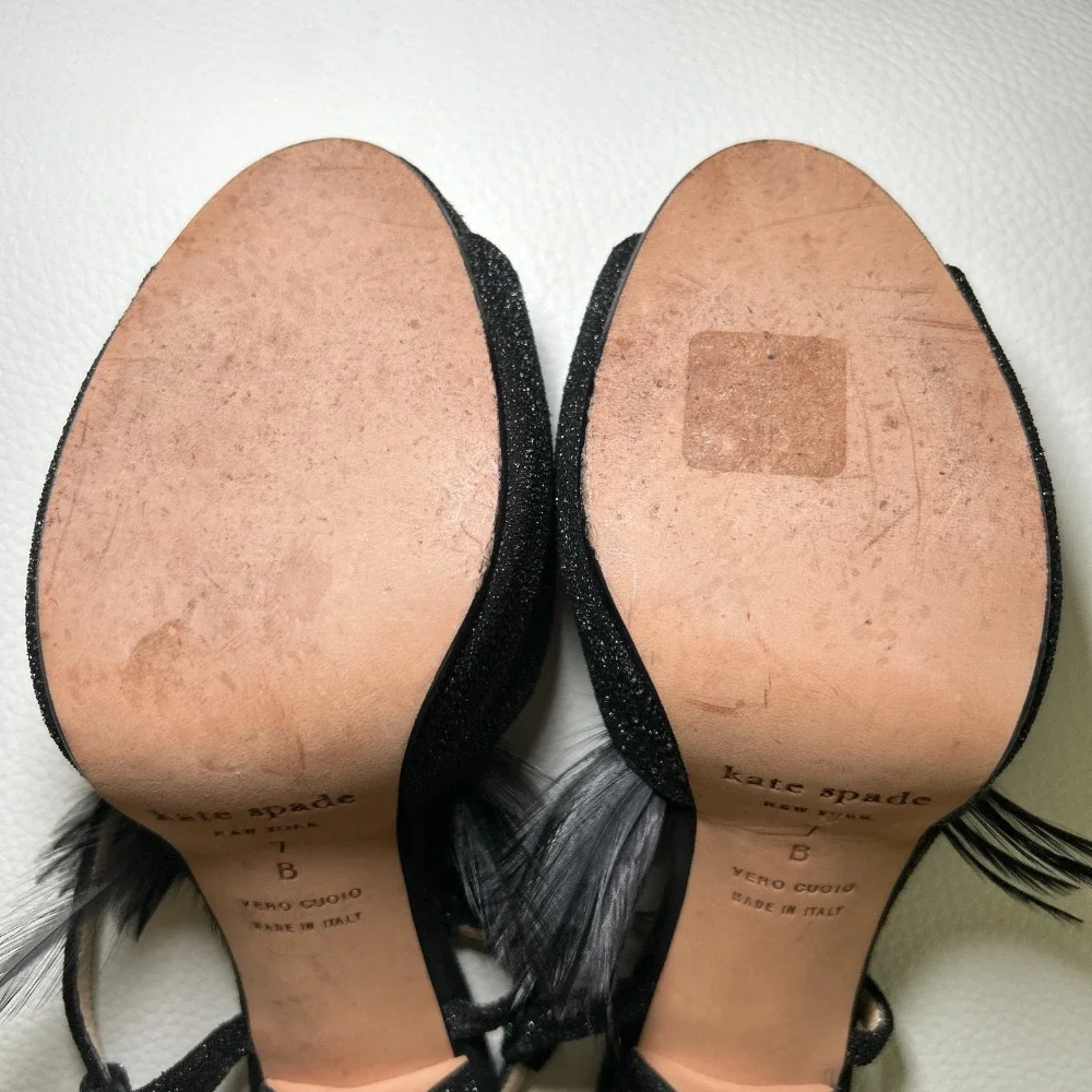 Kate‎ Spade Glitter Feather Black Open Toe Slingback Pumps Heels Size 7